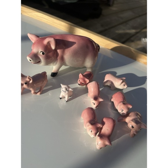 Farm Animals Mommy Pig Plus 9 Piglets Vintage Collectibles Ceramic Made In Japan - Picture 9 of 16